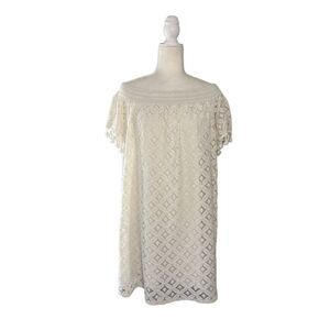 Charming Charlie off-shoulder short sleeve cream lace shift dress - L